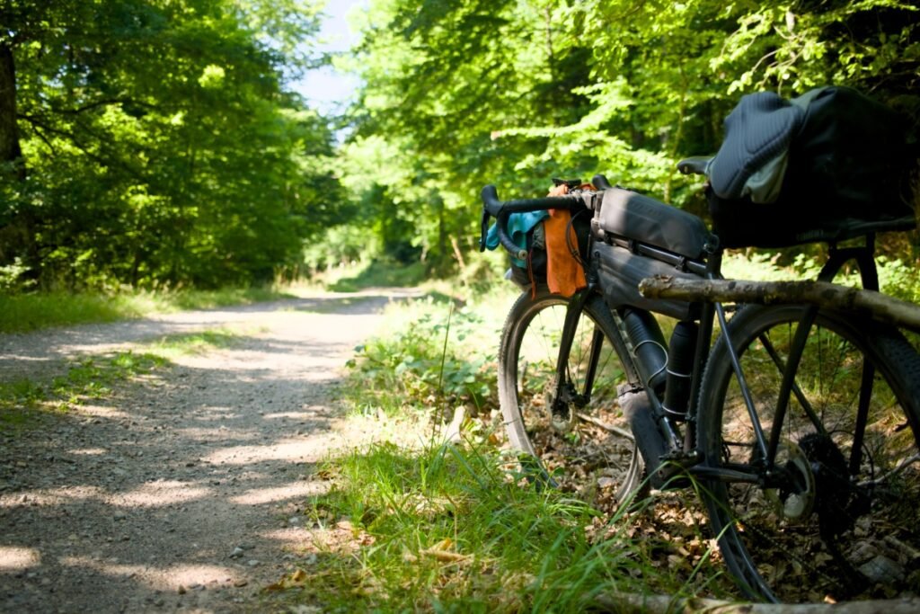 test du Tailfin CargoPack en bikepacking sur chemin forestier