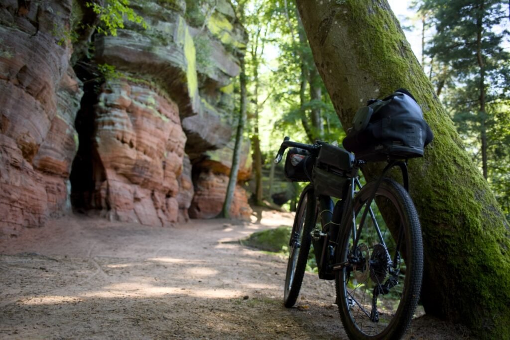 Bikepacking : c’est quoi exactement ? 8 Vélo de bikepacking chargé, posé sur un chemin forestier lors d’un voyage à vélo