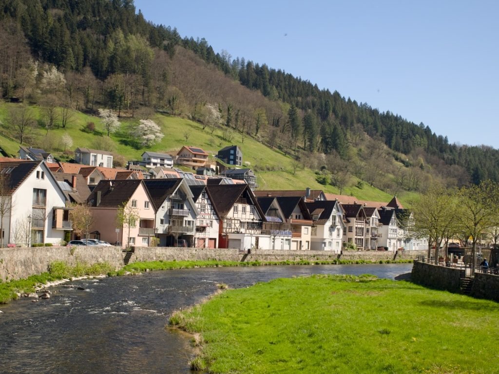 Traversée de la Forêt-Noire en gravel : 544 km en 5 jours, du pneu éclaté à la tente gelée 13 Village de la Forêt-Noire aux maisons à colombages alignées le long d'une rivière, au pied d'un versant boisé, par grand soleil de printemps