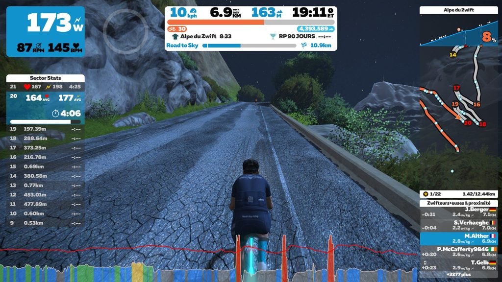 Montée de l’Alpe du Zwift sur le parcours Road to Sky, avec la carte des lacets numérotés en haut à droite de l’écran