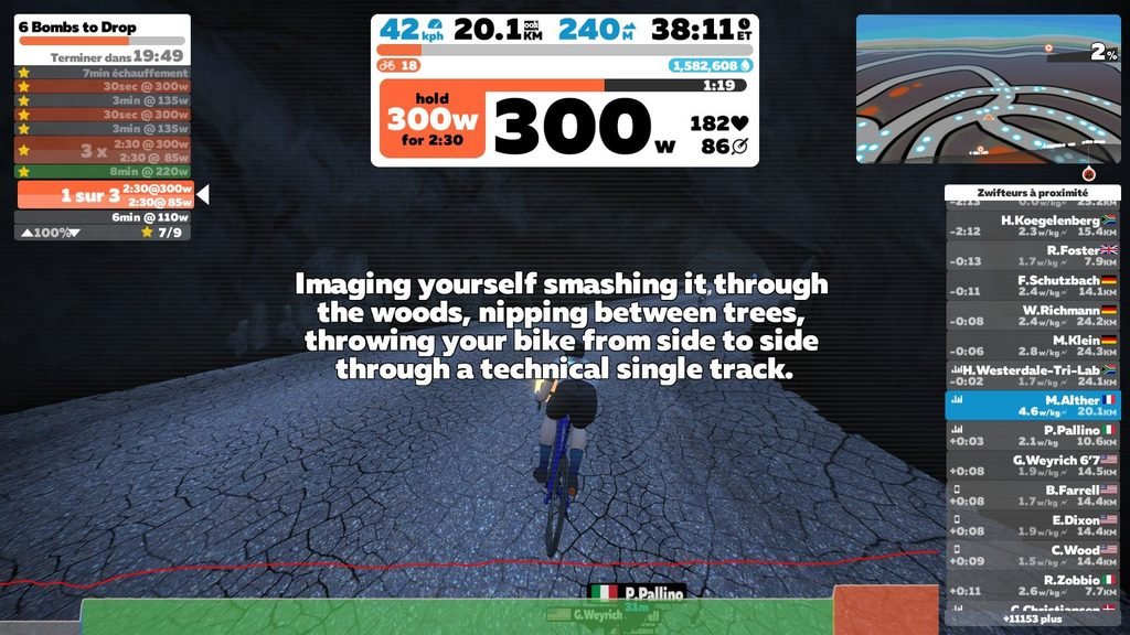 Séance du plan Dirt Destroyer sur Zwift, consigne de 300 W pendant 2 min 30 et message d’encouragement à l’écran